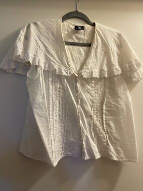 Lace-Trim Button Front Blouse in White